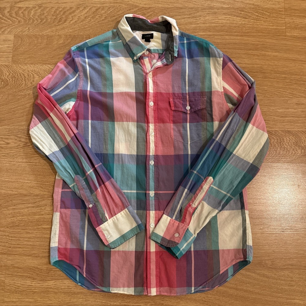 J.Crew Shirt Men's Medium Multicolor Plaid Long Sleeve Lightweight Cotton Preppy